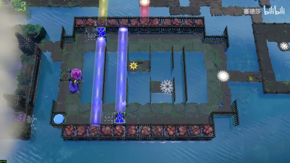 Dragons, Squeezed overworld: a fenced pond with two blue beams, a purple crystal skipping stone on the left and room entrances on small islands