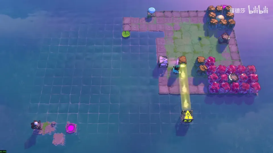 Dragons, Squeezed puzzle 1: a green island in purple-lit water with a block of pink crystals, carts, a yellow beam and a lily pad on the left