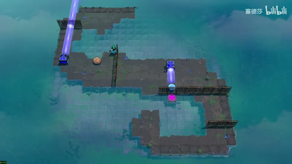 Dragons, Squeezed puzzle 2: an S-shaped stone walkway in green water with fences, two blue emitters, a brown skipping stone and a pink goal button