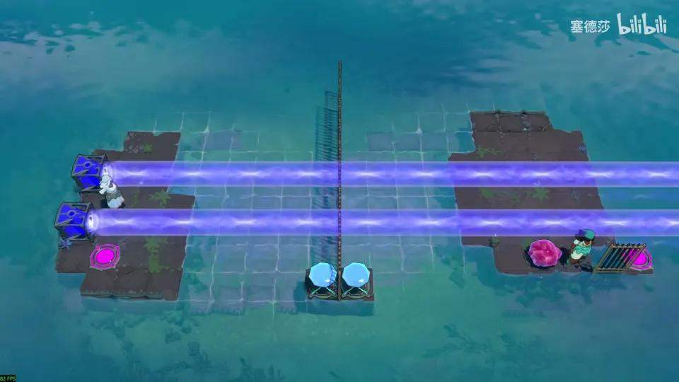 Dragons, Squeezed puzzle 3: two blue beams running right across open water past a fence post, the Sailor and a pink crystal stone on the right