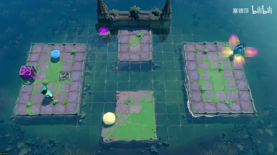Dragons, Squeezed puzzle 4: four small tiled islands in green water, a purple emitter on the left island, a blue gem, a yellow stone and the glowing dragon at the top right