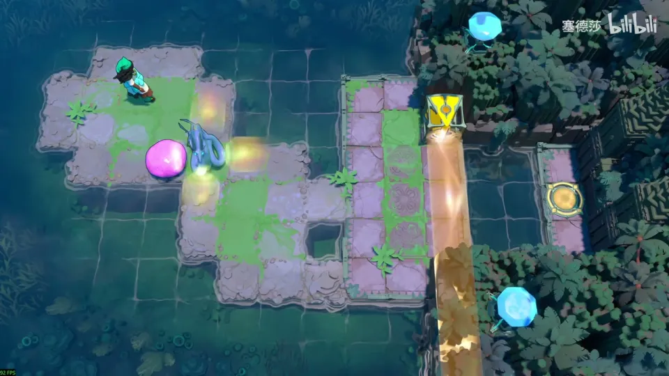 Dragons, Squeezed puzzle 5: a tiled island with a pink skipping stone and the dragon on the left, an orange beam running down on the right and a gold goal beside it