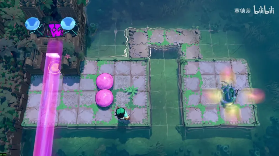 Dragons, Squeezed puzzle 7: a magenta beam running down the left side, two pink stones on the left island and the dragon on the right island, with a channel of water between