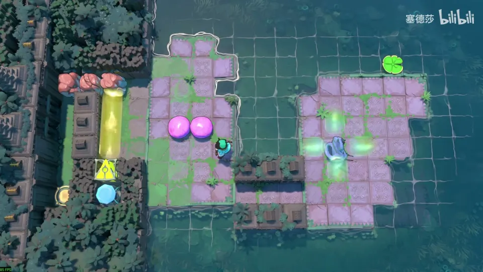 Dragons, Squeezed puzzle 8: a yellow beam on the left beside red rocks, two pink stones in the middle, the dragon on the right island and a lily pad at the top right