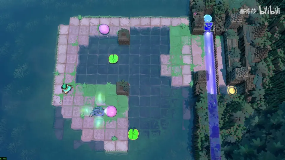 Dragons, Squeezed puzzle 9: a C-shaped tiled island around dark water with lily pads, a pink stone, the dragon at the bottom left and a blue beam down the right side
