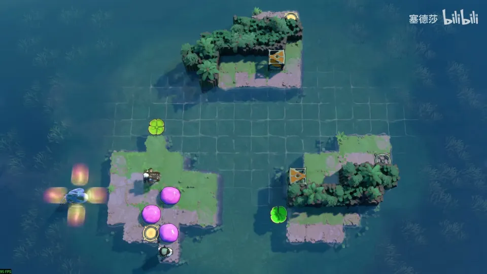 Dragons, Squeezed puzzle 10: small islands in open water, the dragon on the left, the Sailor and the Explorer with pink stones in the middle and lily pads on both sides