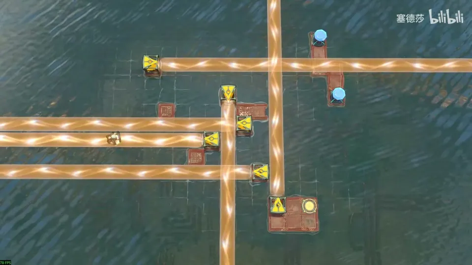 High Beamcasters puzzle 56 (drop-down room below Double Beam Falling): open dark water crossed by several orange beams from yellow emitters, two of them running side by side, and a small brown platform with the goal at the bottom right