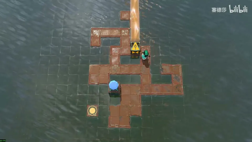 High Beamcasters puzzle 57 (drop-down room below Double Beam Falling): a cross-shaped brown platform in dark water, an orange beam coming down from the top onto a yellow emitter, a blue lamp and a golden goal at the bottom left