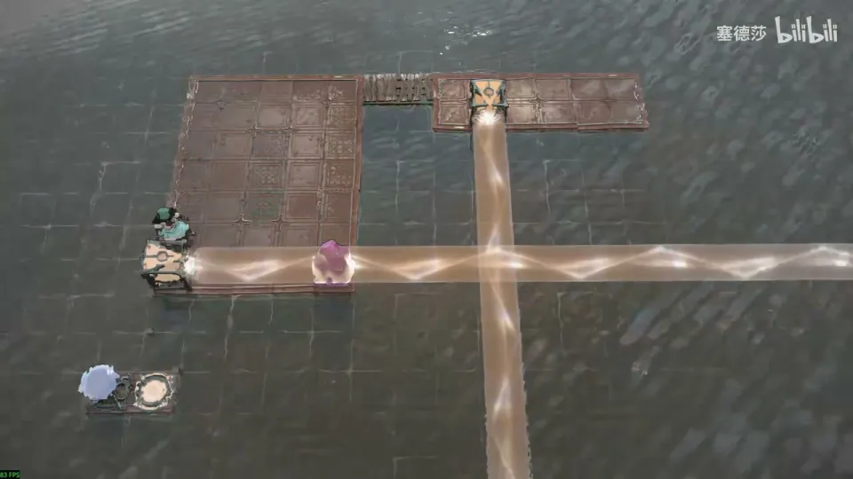 High Beamcasters puzzle 58 (drop-down room below Double Beam Falling): dark water with a brown wooden platform at the top, two orange beams crossing, a pink stone on one of them, and a blue lamp and golden goal at the bottom left