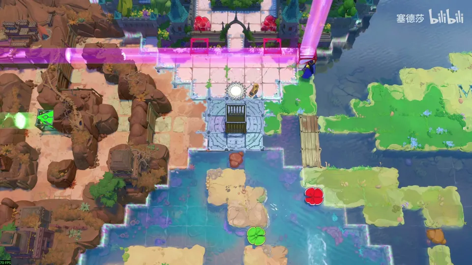 The north edge of the Crossroads with the purple beam running along the top row and turning straight up into the sky at the top-right, next to a hero