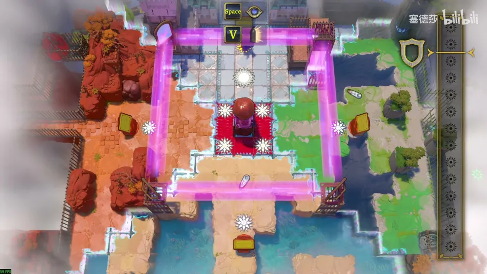 Crossroads High from above: a square of purple beams around a red central tower, with a gate and a sign on each of the four sides, red rock to the west and green land to the east