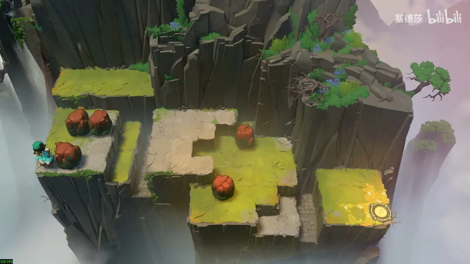 Crossroads High puzzle 1: grassy and stone ledges on a cliff at different heights, several brown boulders and the exit circle on the right