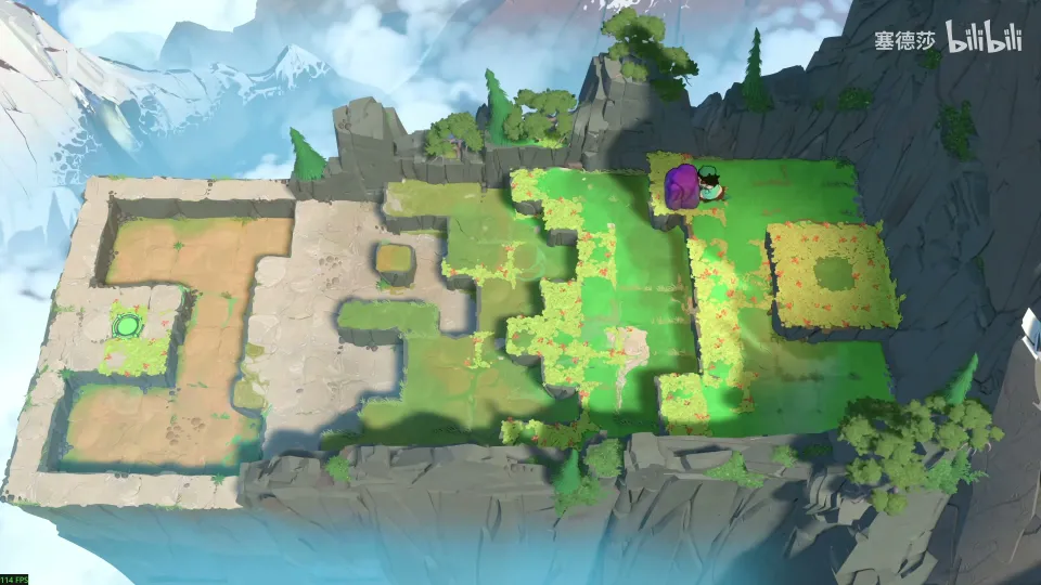 Crossroads High puzzle 2: a long terraced plateau of green and sandy steps on a snowy mountain, a purple stone and a hero on the right, the exit on the left