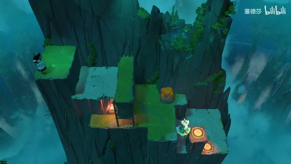 Crossroads High puzzle 3: teal cliff ledges at different heights, two heroes, one orange stone and two exit pads at the bottom-right