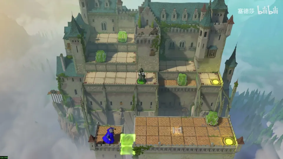Crossroads High puzzle 5: a castle on a cloud with terraces, green crystals, a green energy block, the Wizard at the bottom-left, the Thief on a terrace and two exit pads