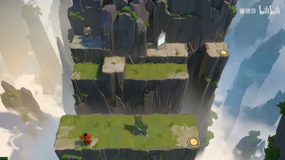 Crossroads High puzzle 6: cliff ledges at several heights, a mirror on the upper ledge, a mirror frame on the lower ledge, a Trader on each level and an exit on each level