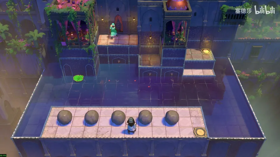 Crossroads High puzzle 7: a blue palace pool with five round stones on a pink walkway, the Sailor among them, a lily pad on the water and another hero on a raised terrace