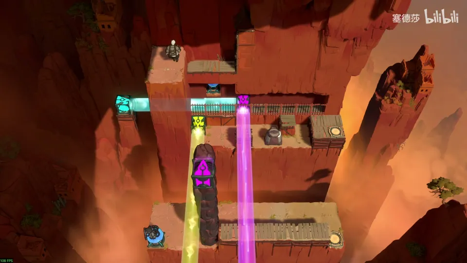 Crossroads High puzzle 8: a red canyon with a tall stone tower marked in purple, two purple beams, a yellow beam, a cyan beam across the top and the Explorer on a high ledge