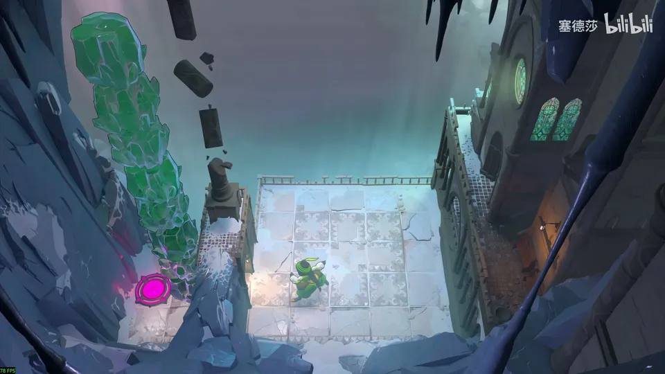Endgame High bonus puzzle 1: a pale stone floor between cliffs and a castle wall, green crystals stacked on the left, the Thief and a pink pad