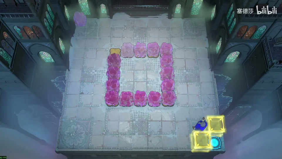 Endgame High bonus puzzle 2: a pale hall with a square ring of pink crystals, an empty yellow button at its top-left corner, the Wizard and the exit at the bottom right
