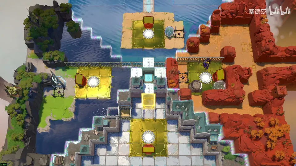 Endgame High overworld puzzle 1: a cross-shaped courtyard with four yellow star tiles, red rocks on the right, water on the left and a yellow energy block in the middle