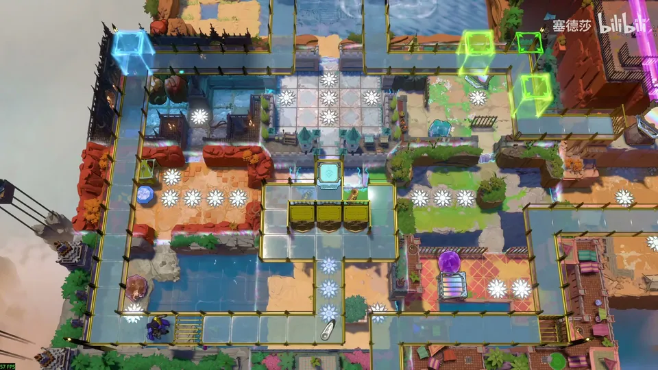 Endgame High overworld puzzle 2: the big map seen from above, four world corners around a central path, a blue block at the top left and green blocks at the top right