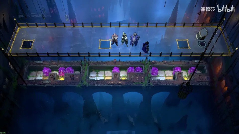 Endgame High puzzle 1: a glass walkway with three heroes and three framed holes above three small levels full of purple crystals