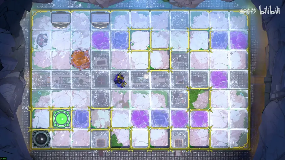 Endgame High puzzle 2: top-down view of a tiled level with purple and blue crystals, an orange crystal, the Warrior, a green button and yellow frames marking the drop spots