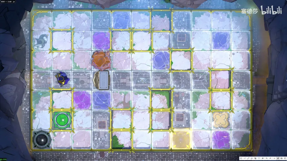 Endgame High puzzle 3: top-down view of the Thief's tutorial level with crystals, a sign, the Thief, a green button and a yellow exit at the bottom