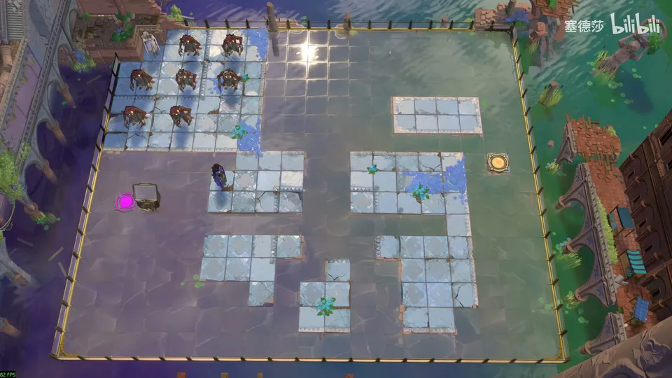 Endgame High puzzle 4: a large dark square room with pale tile patches, goblins waiting at the top left, the Cleric and an exit on the right