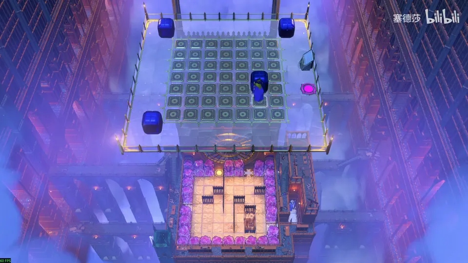 Endgame High puzzle 5: an upper floor with a grid of buttons and four blue blocks above a small orange room ringed with pink crystals