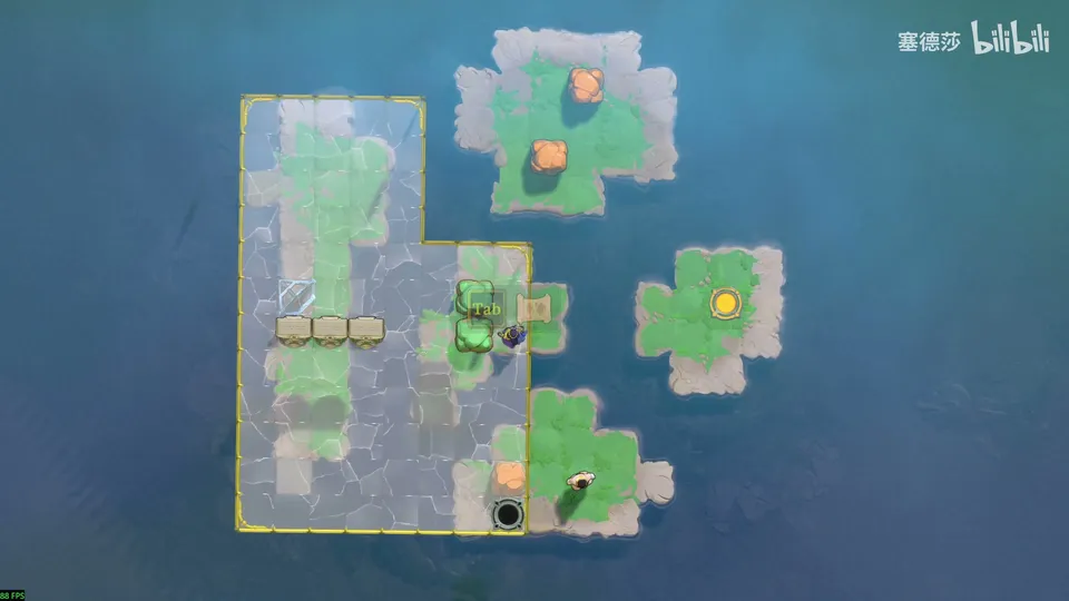 Endgame High puzzle 6: green islands in blue water with a mirror, stones on the islands and a yellow exit on the right