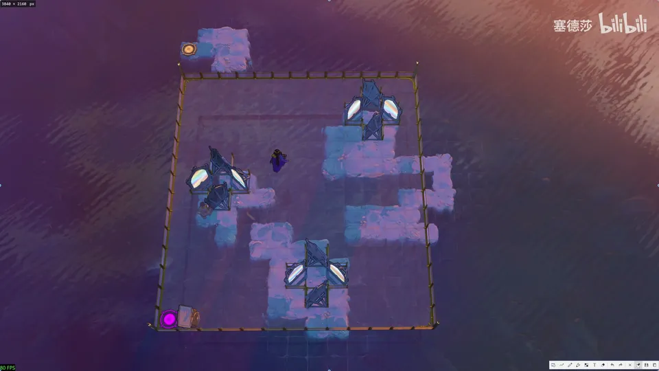 Endgame High puzzle 7: dark islands in purple water with three mirrors, the Trader and a small exit island at the top left