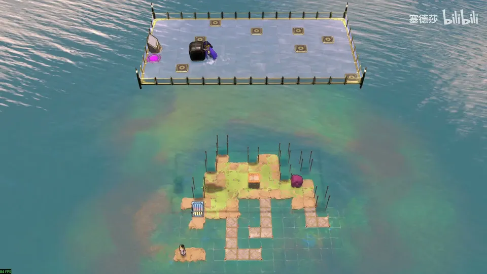 Endgame High puzzle 8: a fenced glass floor above the sea with the Trader holding a block, and a sandy island with a mirror and walkways below