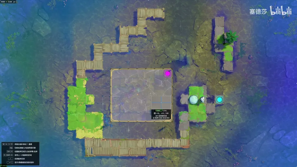 Endgame High puzzle 9: a stone square in murky water with grassy walkways around it, a pink exit tile at the top right and a skipping stone on the right