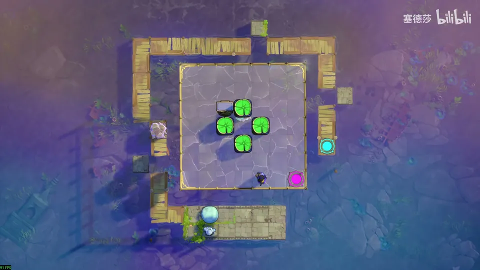 Endgame High puzzle 10: a square of stone in purple water with four green lily pads in a cross, wooden walkways around it and exits at the right and bottom