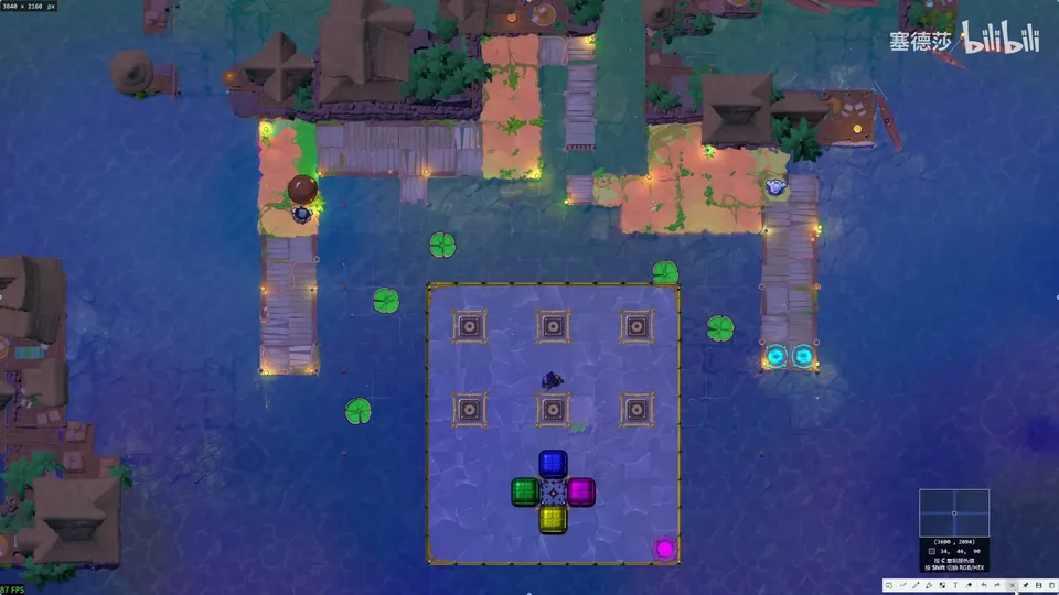 Endgame High puzzle 12: a square grid of buttons in blue water with four coloured stones in a cross, lily pads scattered around and wooden walkways on both sides