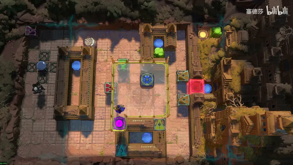 Endgame High puzzle 13: a sandstone courtyard with a glass square in the middle, a red block on the right, beam emitters and blue gems around the edge