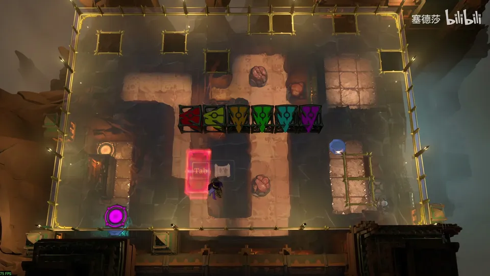 Endgame High puzzle 14: a dim stone room with a row of six coloured beam emitters waiting above it, red blocks, stones and a purple pad at the bottom left