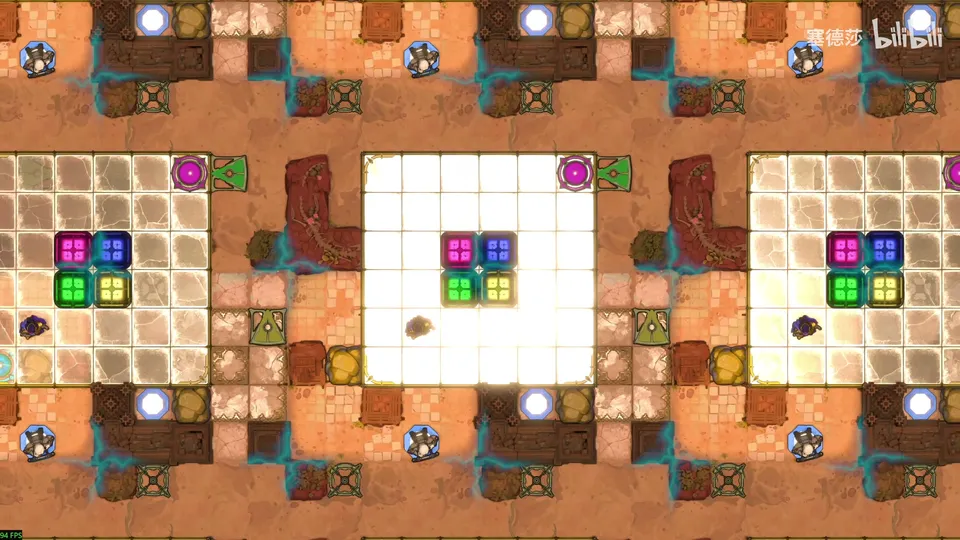 Endgame High puzzle 15: three panels showing four small coloured blocks in a 2×2 square, surrounded by orange floor, stones and walls