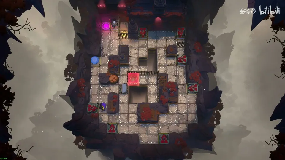 Endgame High puzzle 16: a round stone room on a dark island with a red block in the middle, beam emitters around the edge and a purple pad at the top