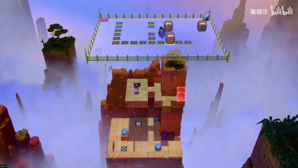 Endgame High puzzle 17: a fenced platform with three floor pieces above a tall red cliff tower in the clouds, blue gems and activators on its ledges
