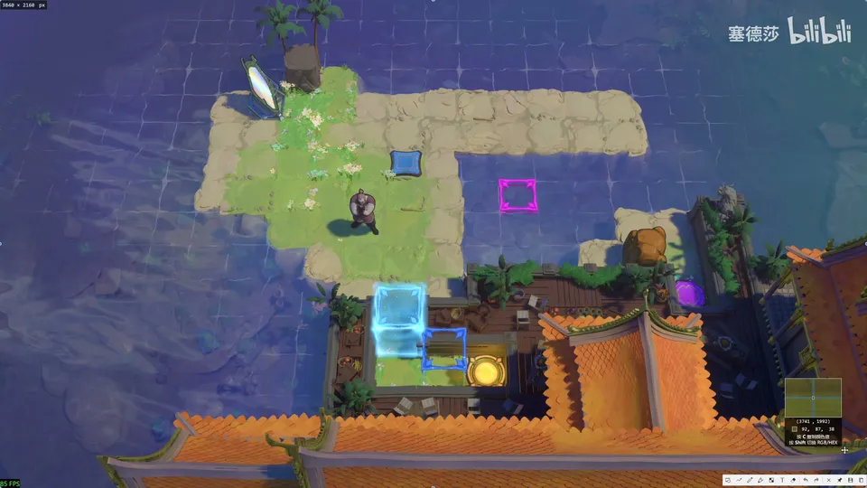 Endgame High puzzle 18: a grassy island in dark water with a mirror at the top left, a hero, a pink placement frame and a blue gate around the exit