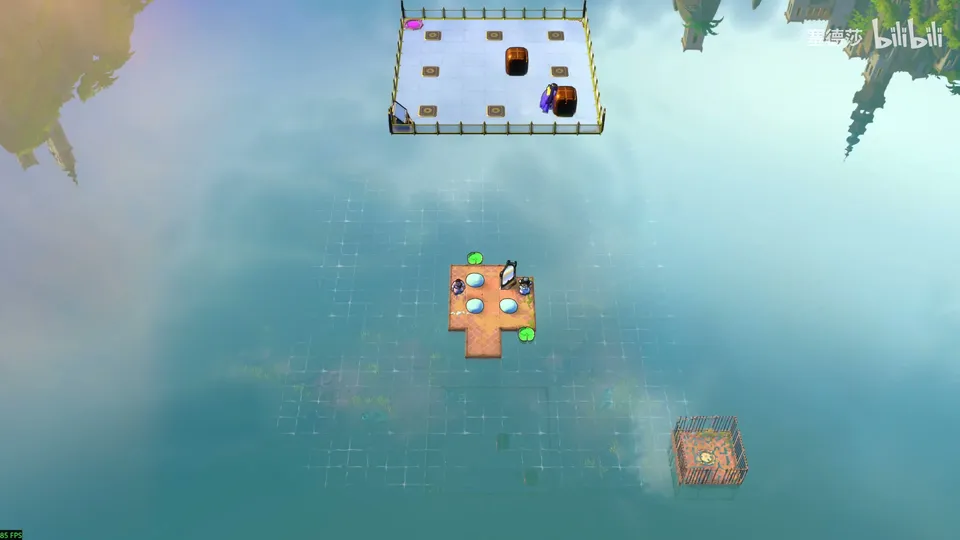 Endgame High puzzle 19: a fenced glass floor at the top, a small orange island with two heroes, stones and lily pads in the middle of the sea, a cage far below