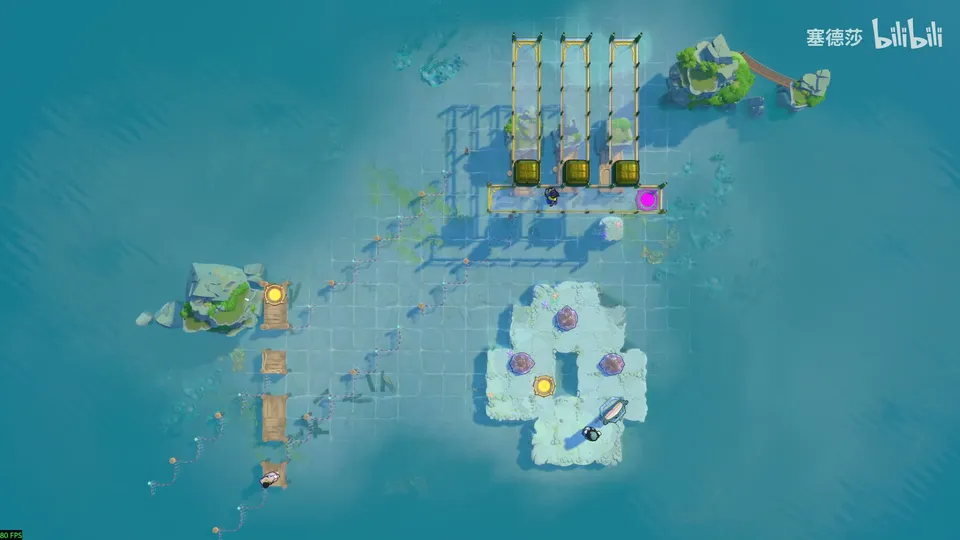 Endgame High puzzle 20: three plank bridges with crates at the top, a pale island with a mirror in the middle, and a small green island with the Trader at the left