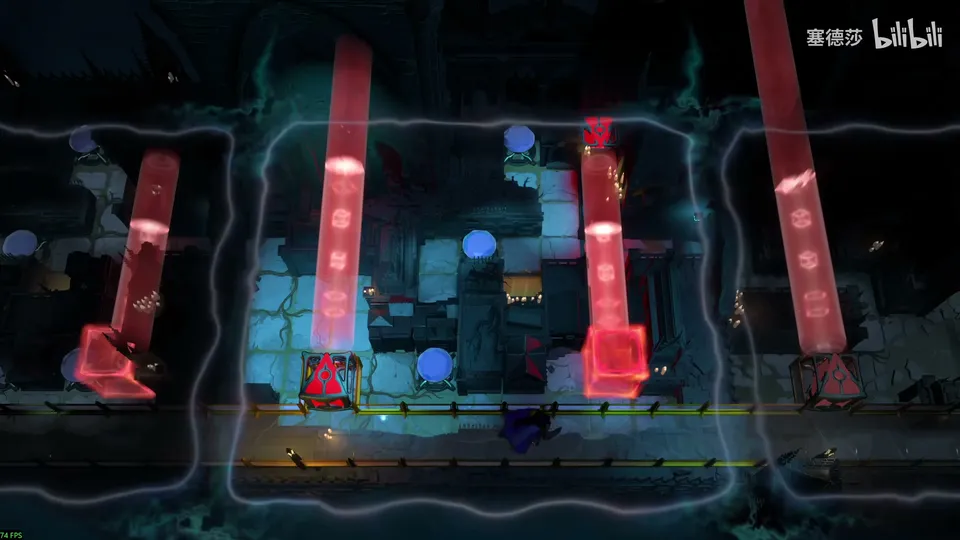 Endgame High puzzle 21: a dark row of small rooms with tall red beams, blue round stones and a hero on the walkway below