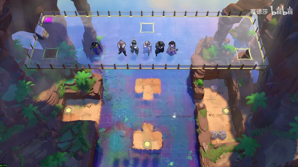 Endgame High puzzle 23: six heroes lined up on a fenced glass bridge above a canyon with sandy ledges, stepping islands and exits below