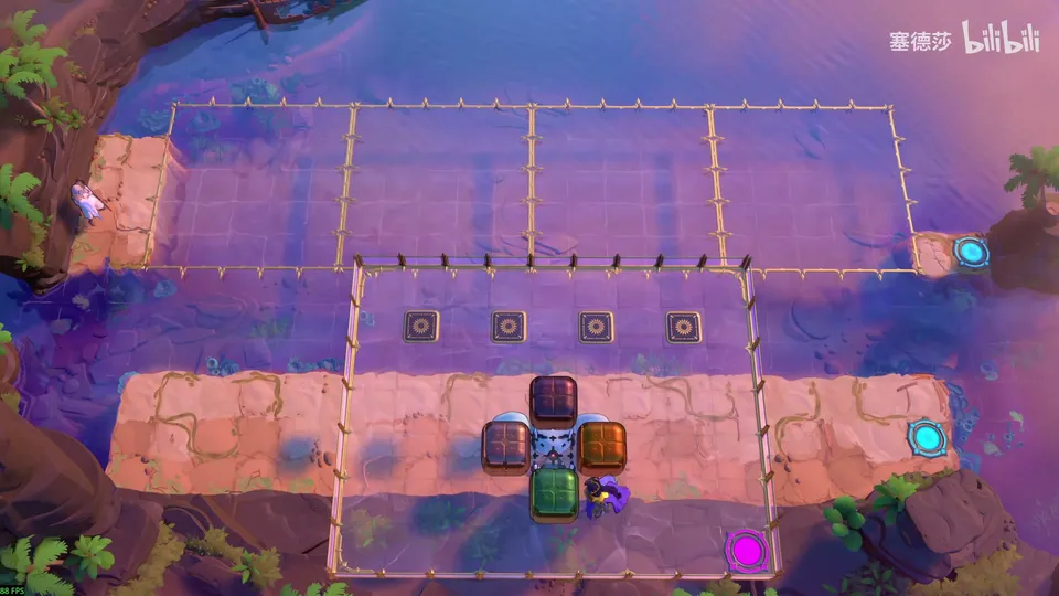 Endgame High puzzle 24: four empty frames on a glass floor above a pink rocky strip with four terrain blocks and stones, cyan exits on the right