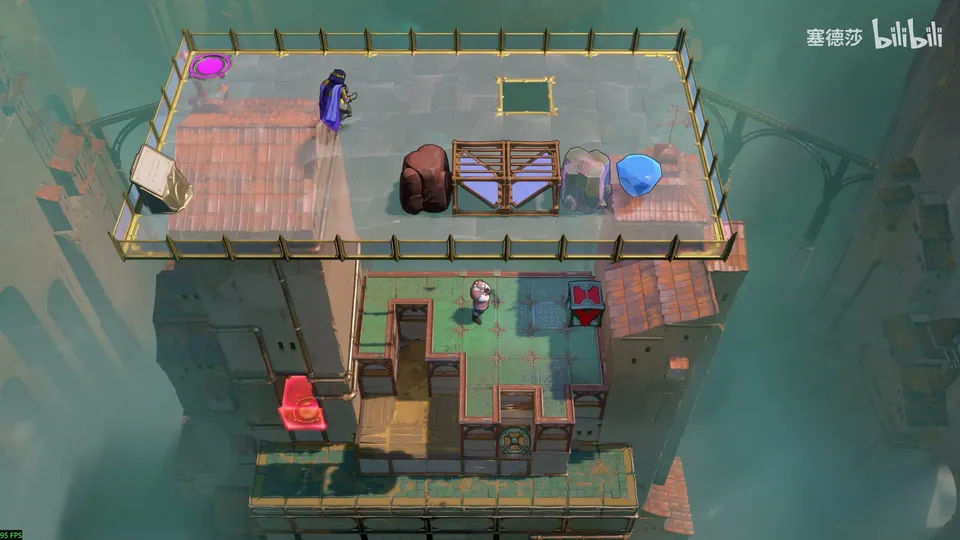 Endgame High puzzle 25: a fenced platform with a mirror, crates, a stone and a crystal above a tall tower with a red emitter, a red block and a grassy ledge