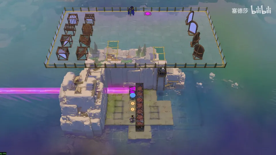 Endgame High puzzle 26: a fenced glass floor holding twelve mirrors facing different ways, above stone ruins with a purple beam crossing from the left